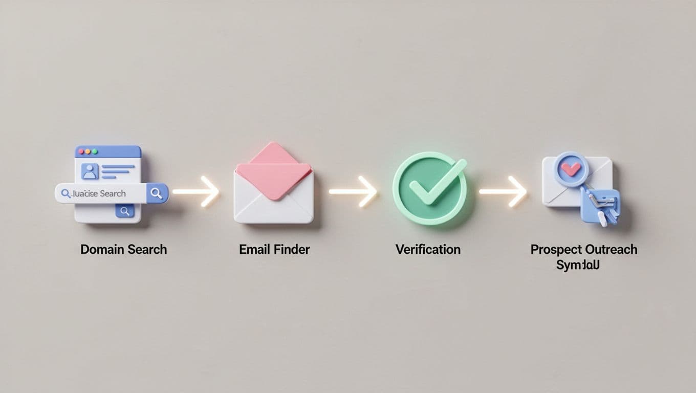 Modern illustration of a workflow diagram with arrows connecting domain search to email finder and verification check on a digital board, featuring simple icons for prospects, emails, and outreach.