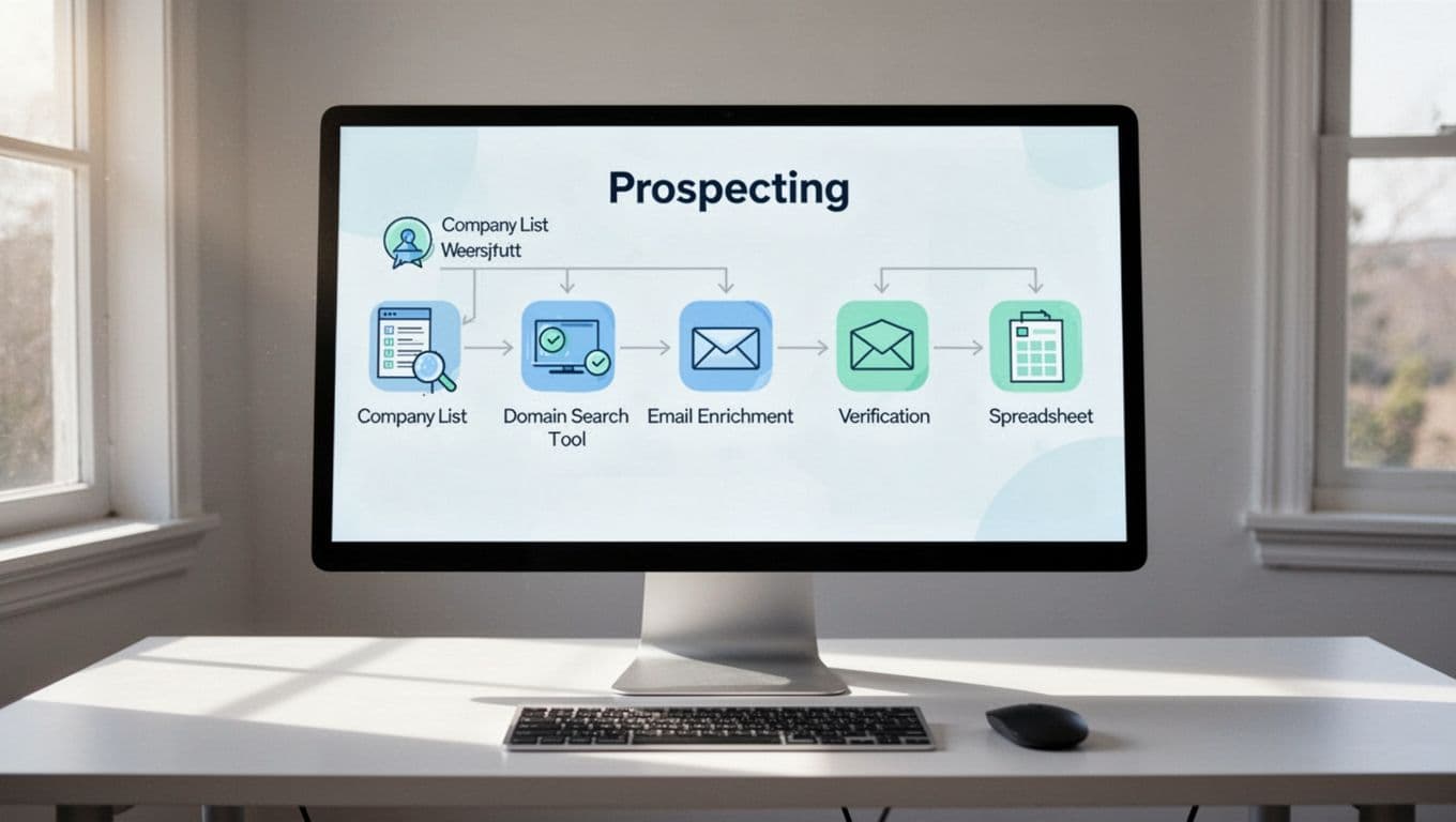 Modern clean illustration of a flowchart diagram on a computer screen showing prospecting steps from company lists to Hunter.io domain search, email enrichment, and Google Sheets output.