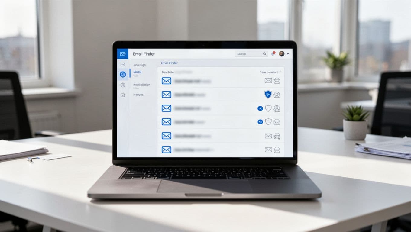 Modern illustration of a simple Hunter.io dashboard view showing blurred email list icons, company logo placeholder, and verification badges on a laptop in a bright office setting.