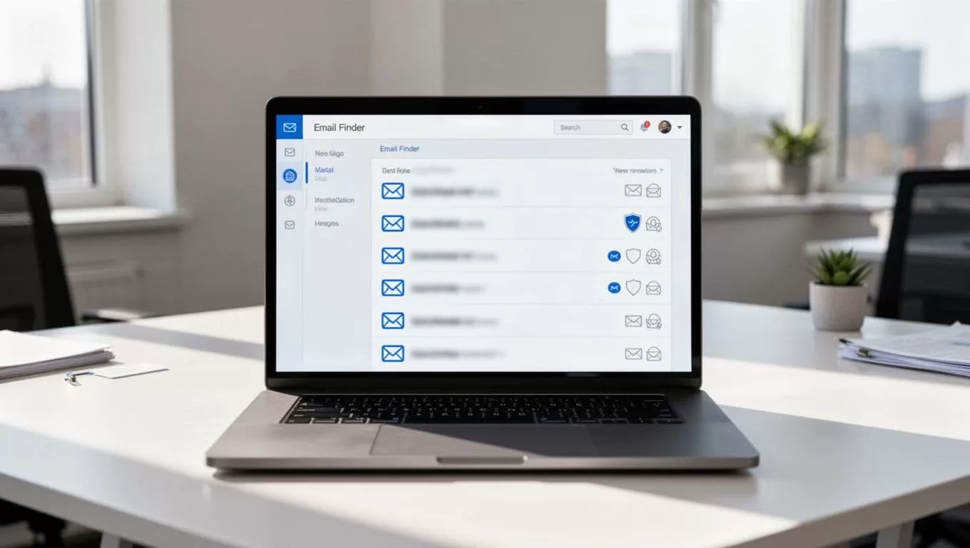 Modern illustration of a simple Hunter.io dashboard view showing blurred email list icons, company logo placeholder, and verification badges on a laptop in a bright office setting.