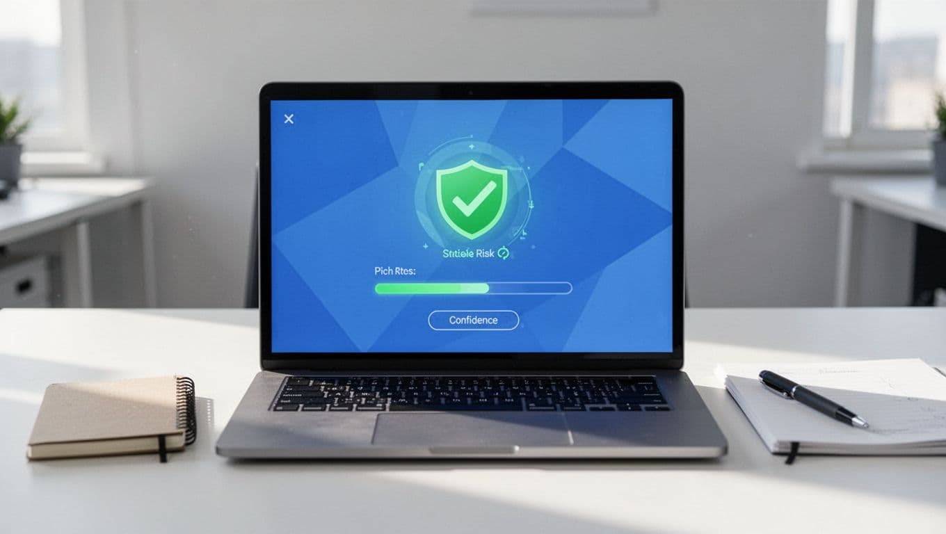 Modern illustration of laptop screen displaying Hunter.io email verifier results for a role-based email, showing valid status with green check but risky note and confidence score bar, on a desk with notebook and pen in blue-white palette.