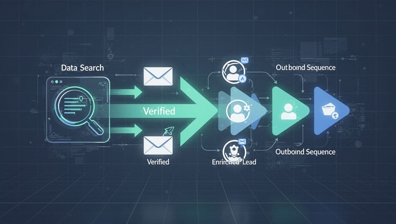 Abstract illustration of a sales automation pipeline with Hunter.io icon connecting to a sales engagement platform, arrows showing verified emails and enriched leads flowing into outbound sequences, featuring simple icons for domain search, email finder, verification, and enrichment.