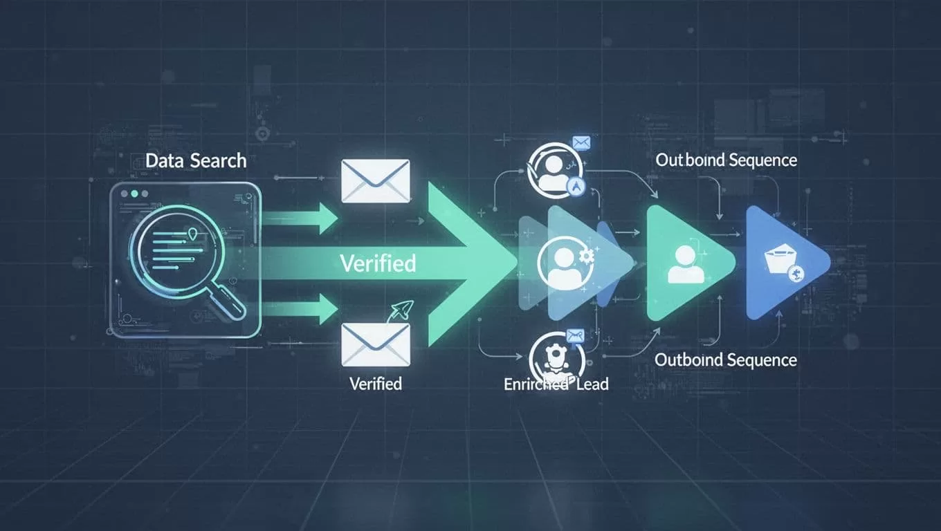 Abstract illustration of a sales automation pipeline with Hunter.io icon connecting to a sales engagement platform, arrows showing verified emails and enriched leads flowing into outbound sequences, featuring simple icons for domain search, email finder, verification, and enrichment.