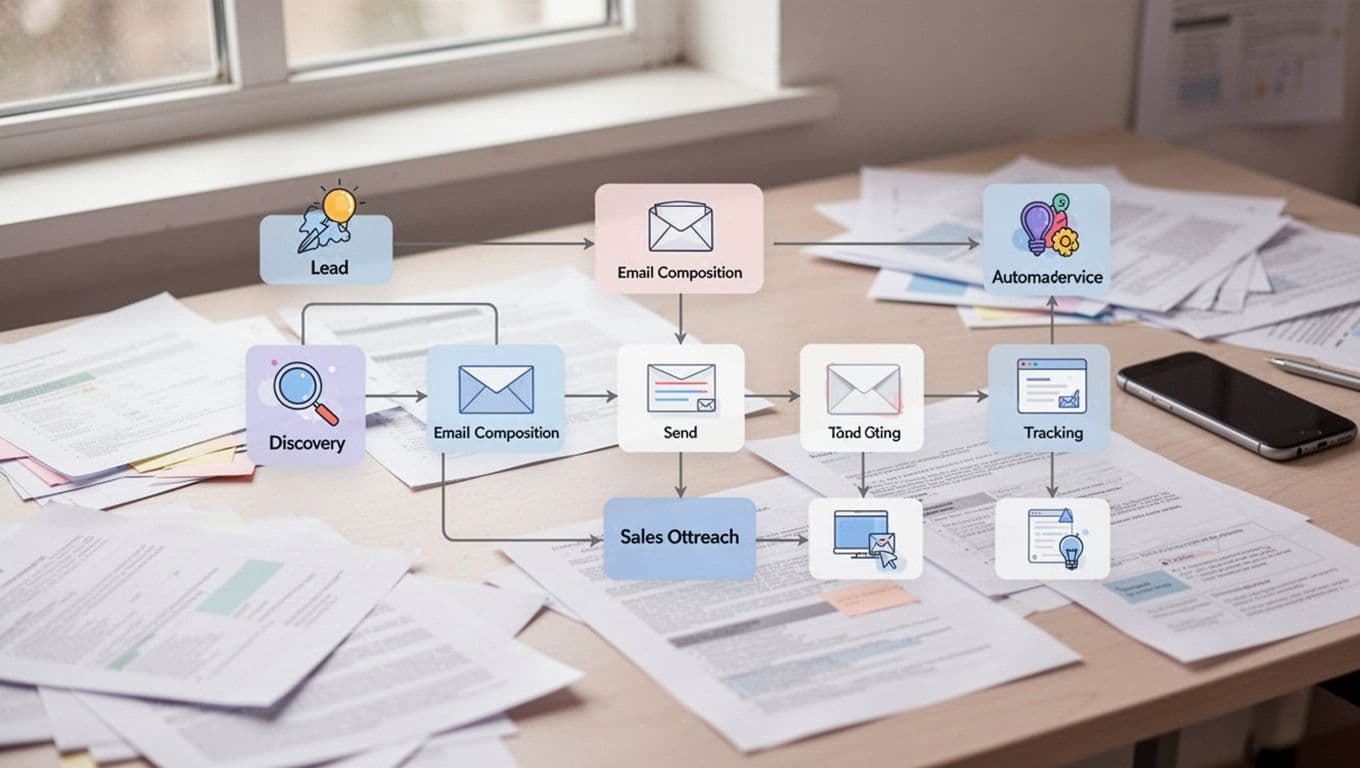 Modern flowchart diagram of sales outreach workflow from lead finding to email sending and tracking, integrating Hunter.io, Zapier, and email tools with simple icons and lines. Clean composition with desk background featuring papers and phone.