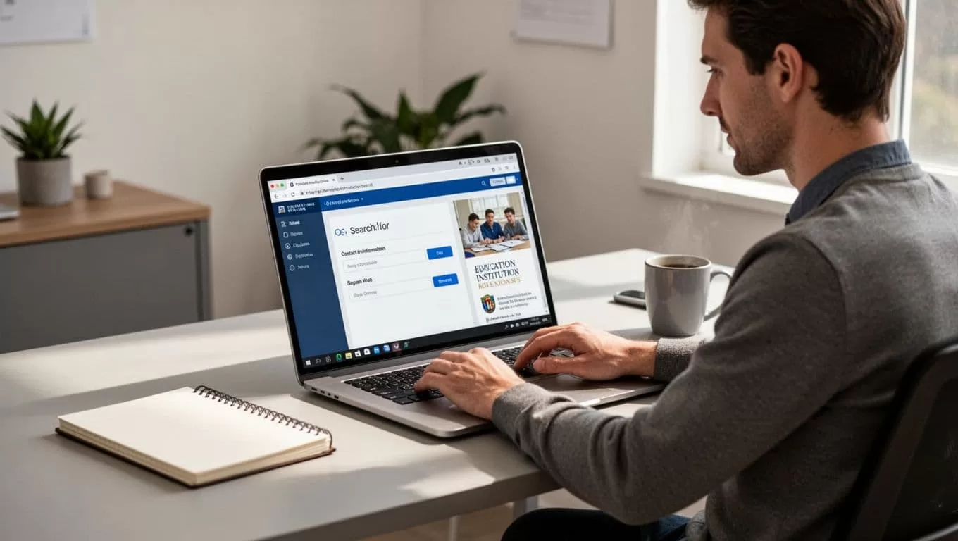 Modern illustration of a person at a desk searching for school principal emails using Hunter.io on a laptop, with a school website open beside it in a clean office setting featuring a notebook and coffee mug.
