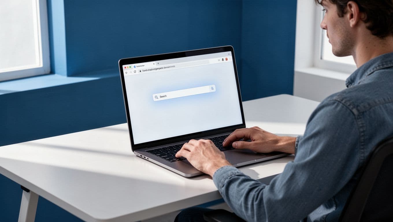 Modern illustration of a person at a desk using a laptop to search for emails on the Hunter.io website, with the screen showing a search bar for an event organizer domain. Features clean shapes, blues and whites palette, relaxed pose, and simple office background.