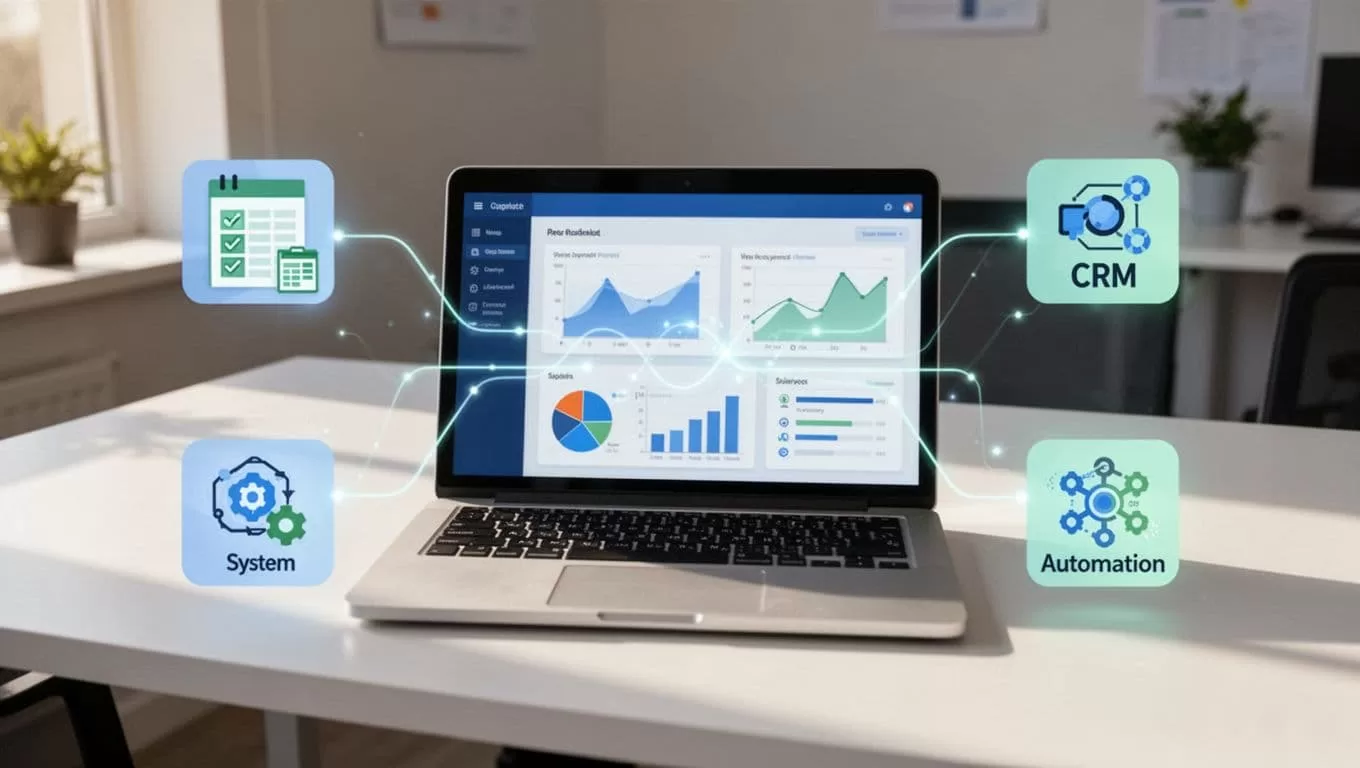 Modern illustration of a laptop displaying Hunter.io dashboard connected to Zapier, Make, spreadsheet, and CRM icons on a desk with soft office lighting.