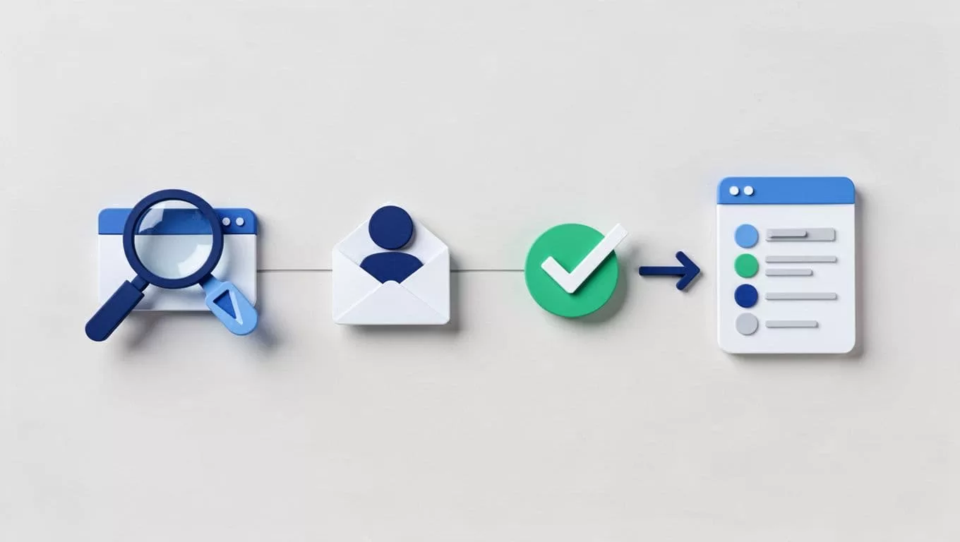 Modern illustration featuring a sequence of four connected icons representing Hunter.io workflow steps: magnifying glass over domain, person icon for email finder, checkmark for verification, and arrow to export list. Arranged horizontally on a light background with clean shapes in blues, greens, and whites, simple line connections, bright even lighting.