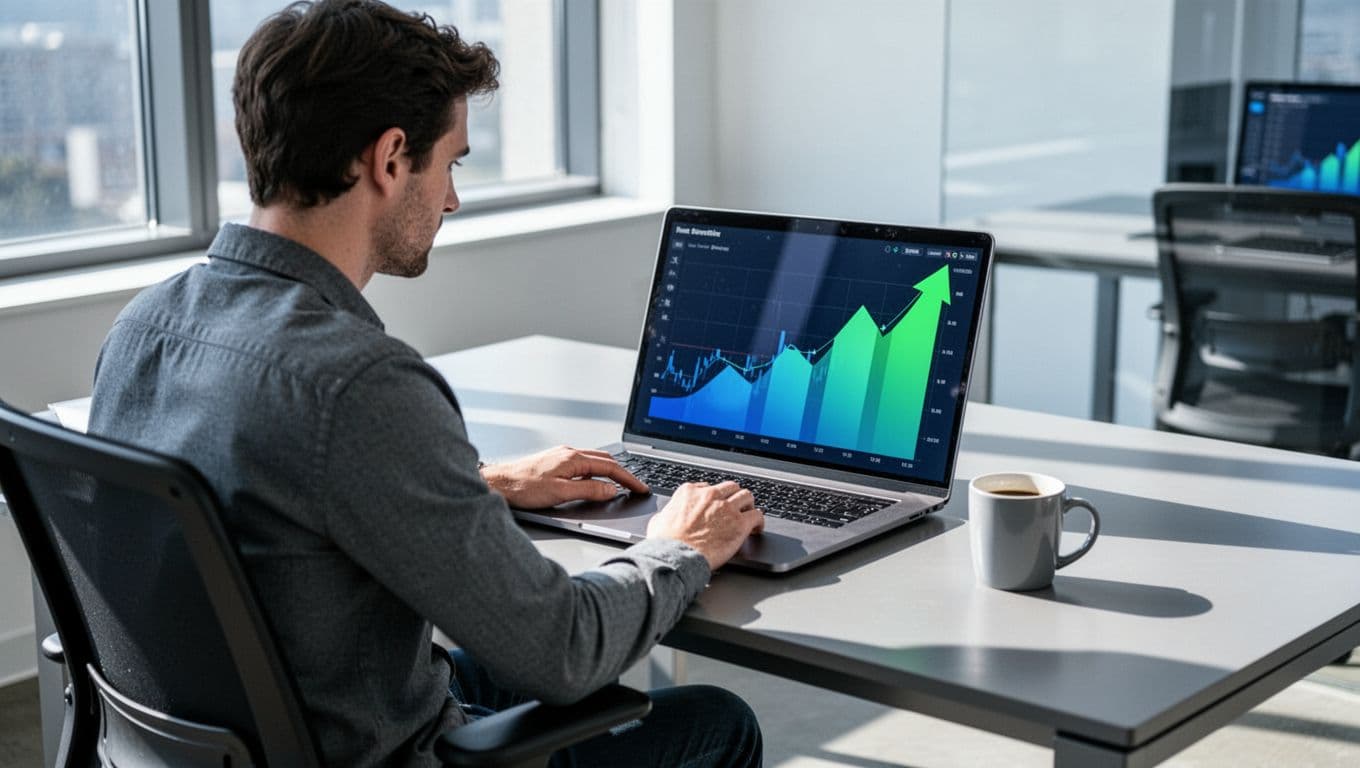 A professional sits at a modern desk in a bright office, intently focused on a laptop screen showing the Exploding Topics dashboard with rising graphs for financial trends like fintech and sustainable investing, coffee mug nearby.