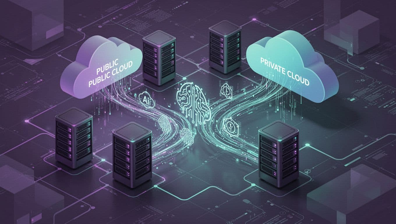 Modern isometric illustration of hybrid cloud infrastructure with servers, data flows between public and private clouds, and AI processing icons in purples and teals.