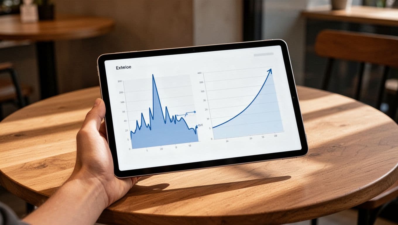 Modern illustration of two side-by-side line graphs on a tablet screen in a cafe: sharp spike and drop for hype trend versus steady climb for durable plant-based search growth.