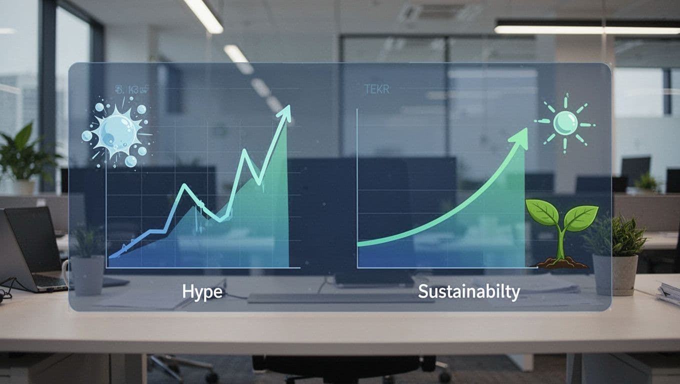 Modern illustration in blues and greens showing side-by-side line graphs: left with sharp hype spike and drop next to exploding bubble icon, right with steady upward sustainable curve next to growing plant icon, on neutral office desk background.