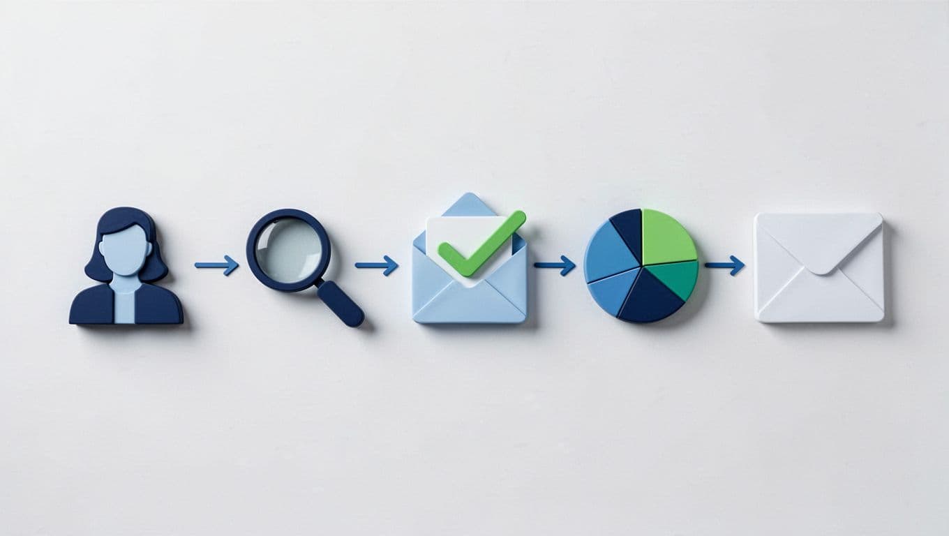 Horizontal workflow illustration with five icons connected by arrows: Profile for ICP, search magnifying glass for companies, email verify checkmark, segmentation pie chart, and outreach envelope. Modern style with clean shapes in a controlled blue and green palette, soft lighting, and simple background.