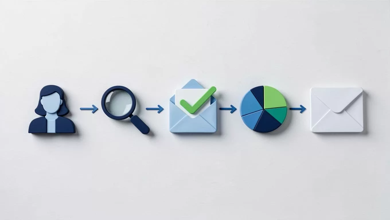 Horizontal workflow illustration with five icons connected by arrows: Profile for ICP, search magnifying glass for companies, email verify checkmark, segmentation pie chart, and outreach envelope. Modern style with clean shapes in a controlled blue and green palette, soft lighting, and simple background.