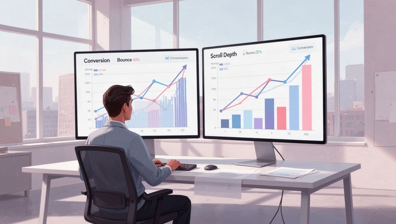 Modern illustration of a metrics dashboard showing conversion rate, bounce rate, and scroll depth graphs with upward trends over time for landing pages. A single analyst reviews the data on dual monitors in a bright office.