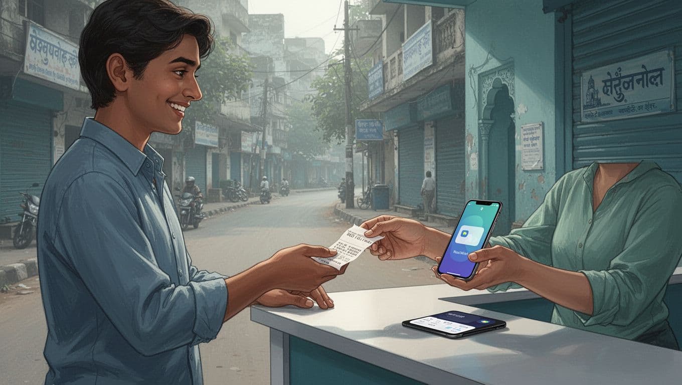 Person from behind receives cash at Indian bank counter on urban street, holding receipt with phone showing mobile wallet nearby.