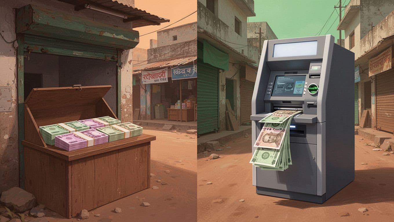 Split-view illustration depicts cash pickup storefront and bank deposit ATM in simple Indian street scene.