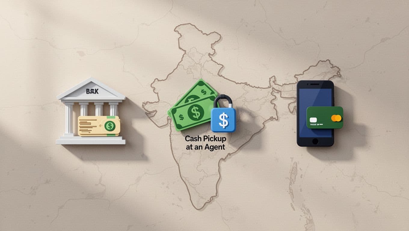 Horizontal icons depict bank deposit, agent cash pickup, and UPI wallet on subtle India map background.