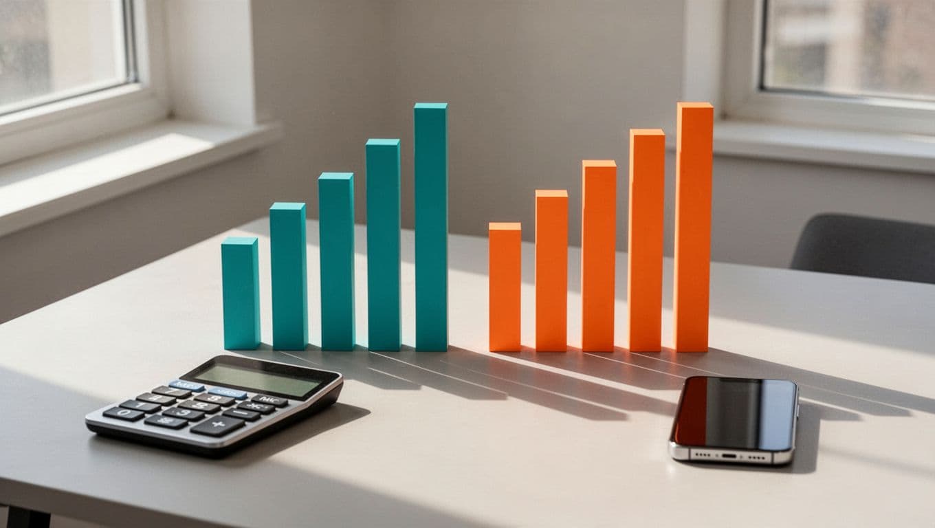 Bar chart comparing Remitly fees and exchange markup on a simple desk with calculator and phone.
