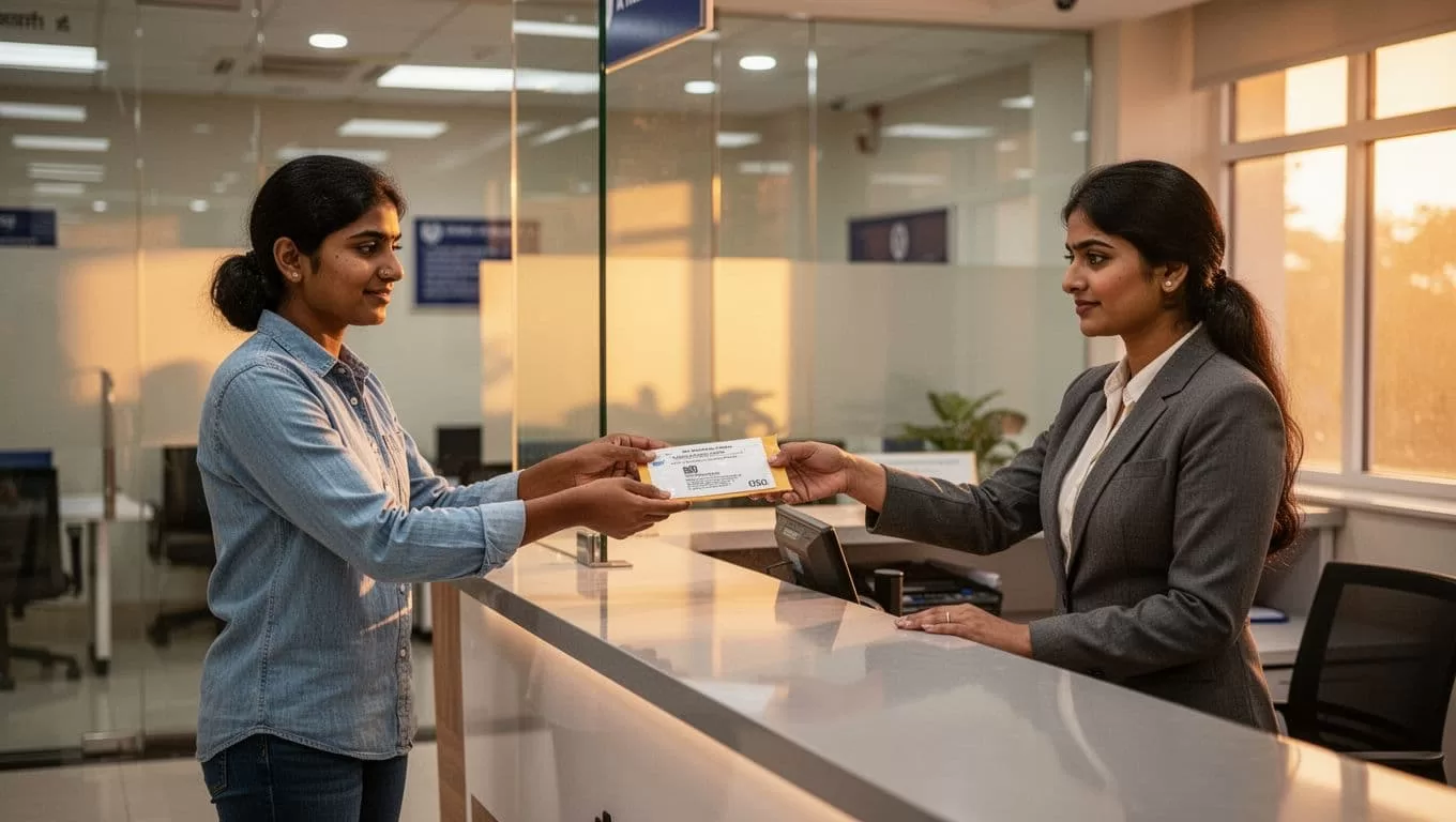 Recipient stands at bank counter receiving cash envelope from teller in modern interior.