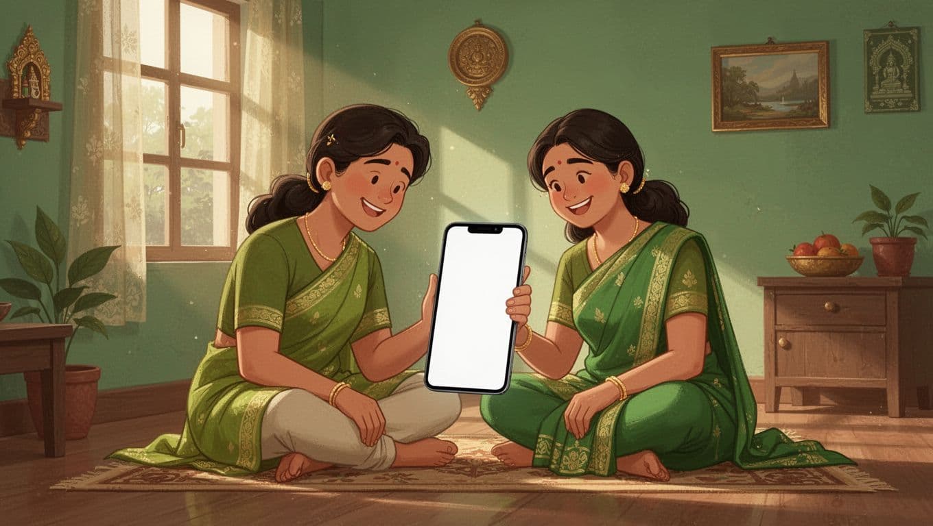 Two relaxed family members in simple Indian home hold phone showing bank notification.