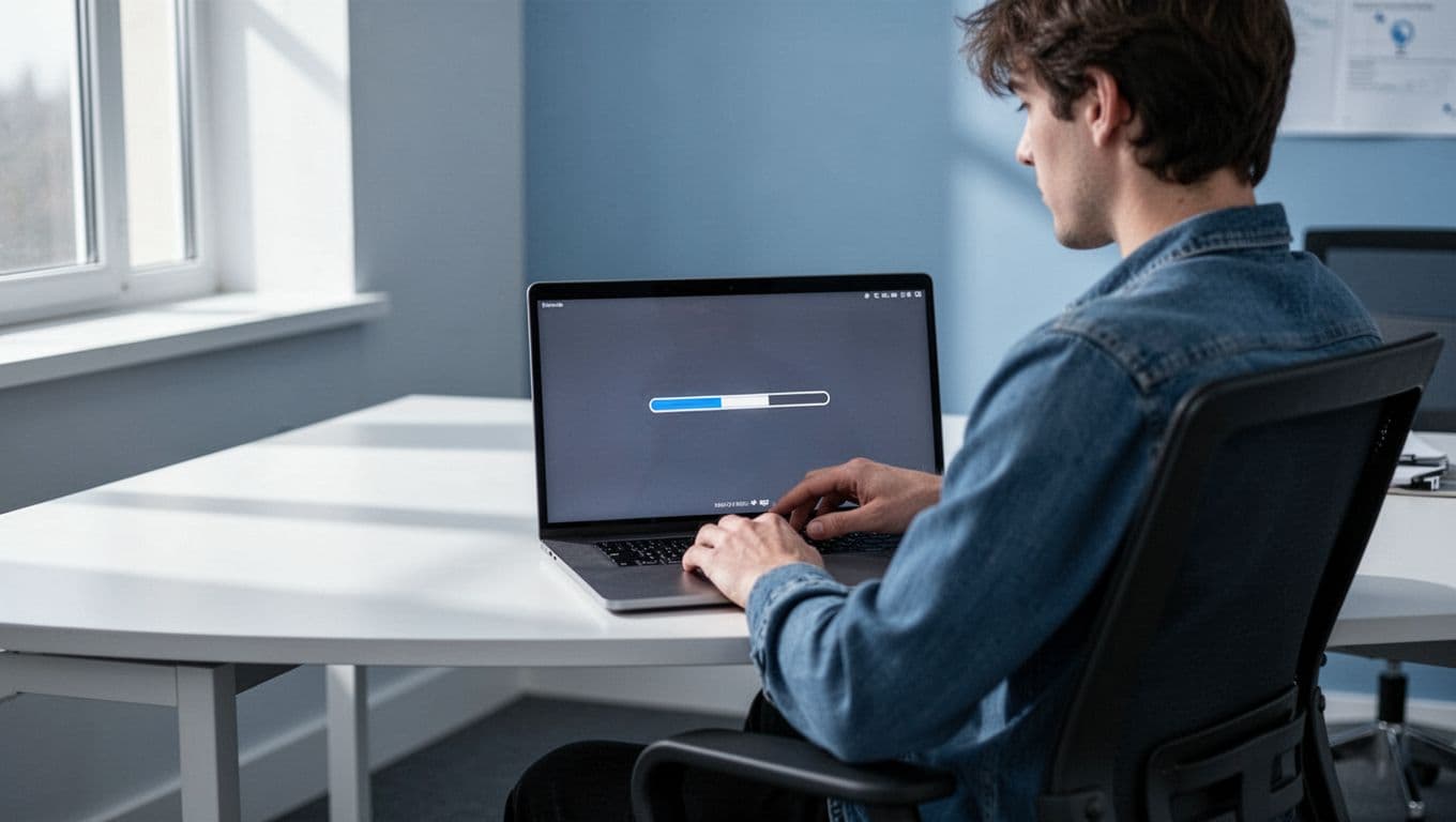Modern illustration of a person at a desk installing software on a laptop, with the screen showing download progress in a clean office setting and natural lighting.