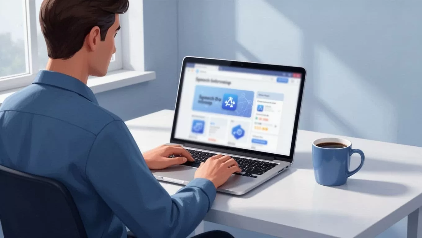 Modern illustration of a person at a desk with a laptop displaying the Speechify extension page in the Chrome Web Store during installation, featuring a clean setup with coffee mug and natural daylight.