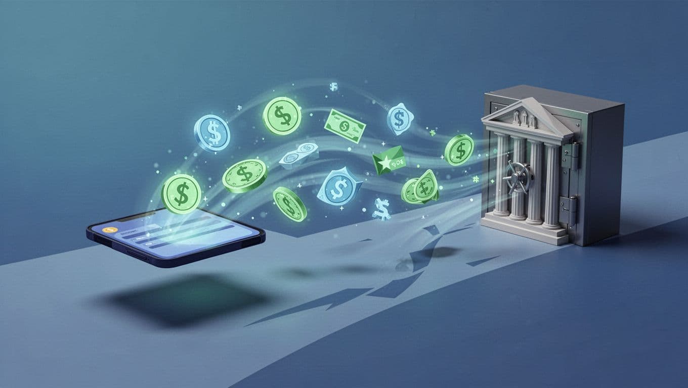 Modern illustration of currency icons flowing from overseas to a Wise account, converting to local currency, and withdrawing to a bank with abstract USD and EUR symbols on a simple background.