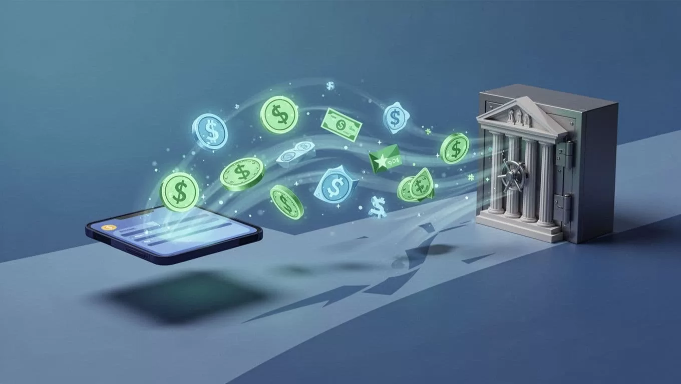Modern illustration of currency icons flowing from overseas to a Wise account, converting to local currency, and withdrawing to a bank with abstract USD and EUR symbols on a simple background.