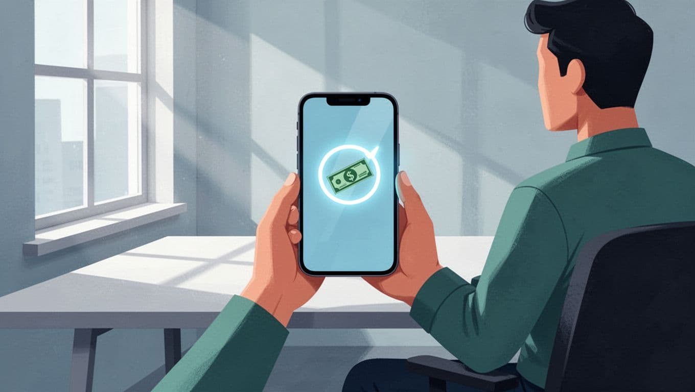 Person in home office holds smartphone displaying international money transfer confirmation.