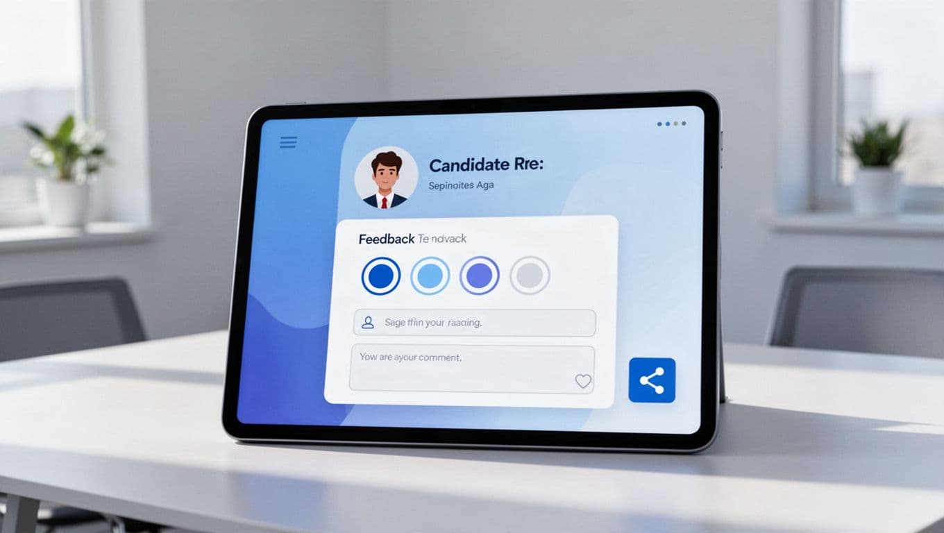Dashboard screen shows candidate profile, feedback form with scores and comments, and team sharing button.