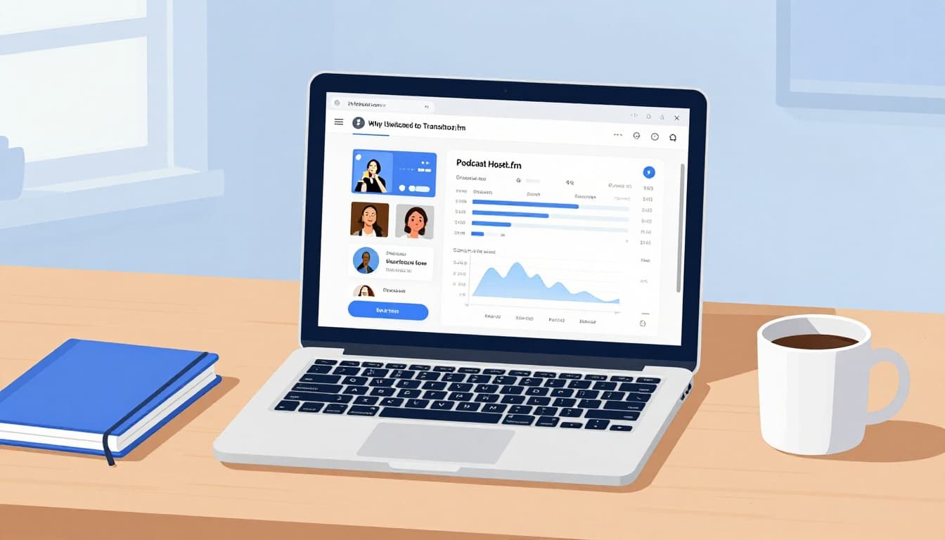 Modern illustration of a laptop on a wooden desk displaying a clean podcast hosting dashboard with episode thumbnails, analytics graphs, and simple navigation. Nearby notebook, headphones, and coffee mug in a focused composition with soft blues, whites, and neutrals.