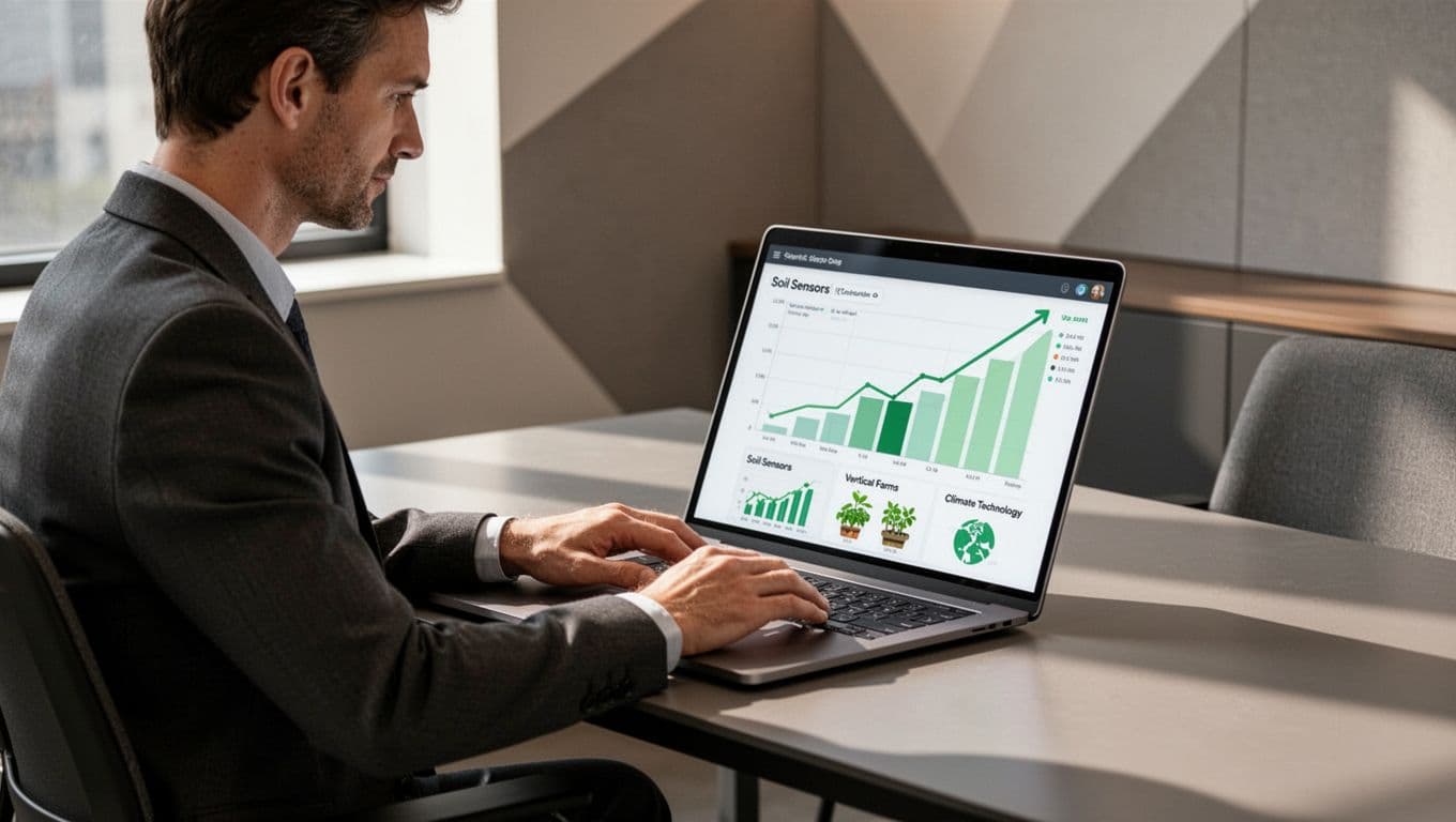 Modern illustration of an investor at a desk reviewing an agtech trend dashboard on a laptop, showing rising charts for soil sensors, vertical farms, and climate tech in a clean, relaxed office setting.