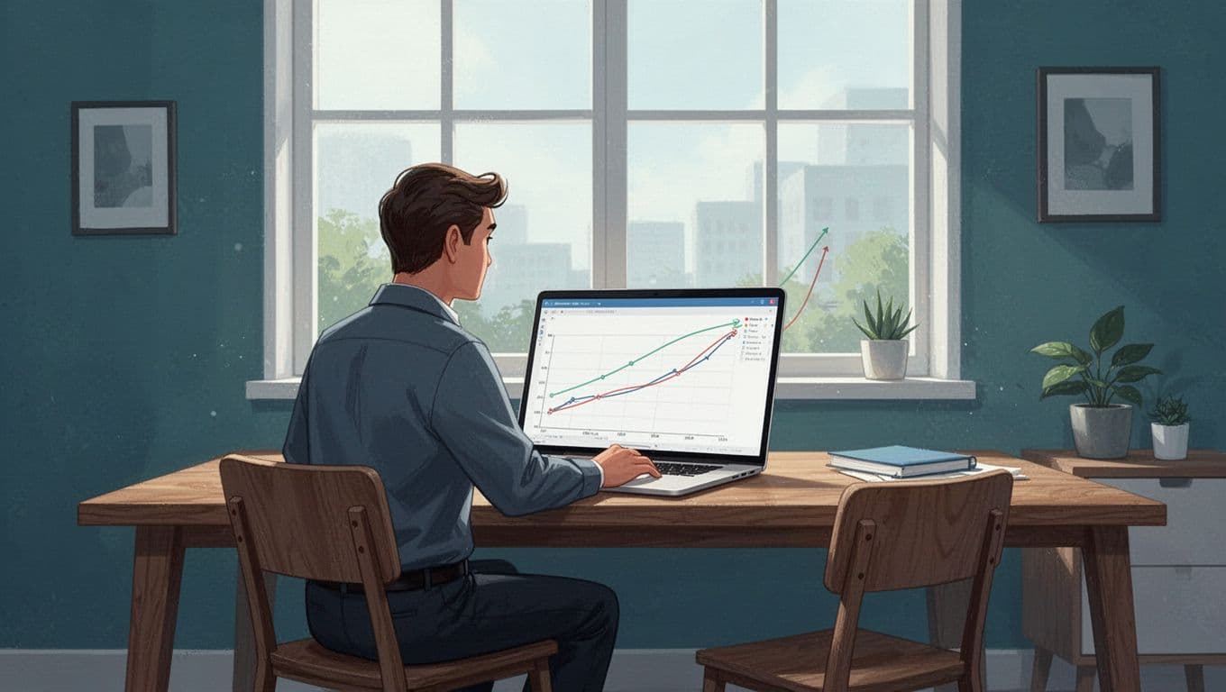 Modern illustration of an investor at a desk in a cozy office examining rising trend graphs on a computer screen, with upward curves indicating growing investment opportunities and soft natural light.