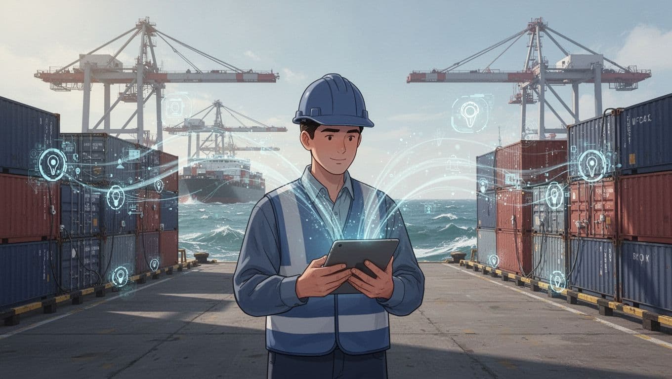 Modern illustration depicting IoT sensors on cargo containers in a port, with real-time data streams flowing to a tablet held by one worker, shipping cranes and ocean waves in the background.