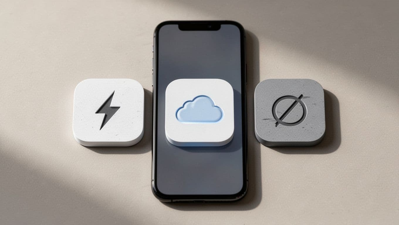 Modern illustration comparing three PDF audio app icons on an iPhone home screen, featuring subtle pros like speed and offline access. Clean composition with neutral background, no people, detailed screens, or text on icons.