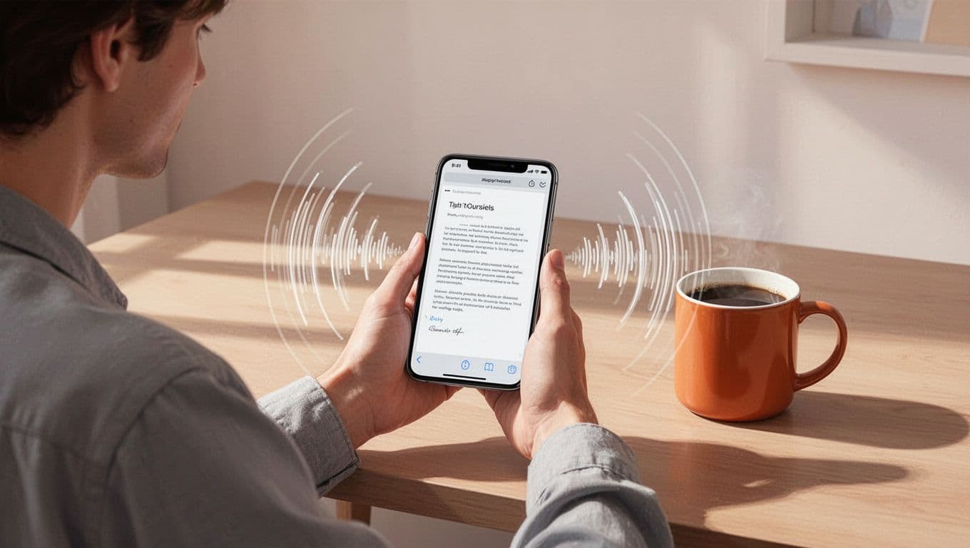 Modern illustration of a person holding an iPhone with a PDF open on screen, sound waves representing audio playback, in a cozy desk setting with coffee mug.