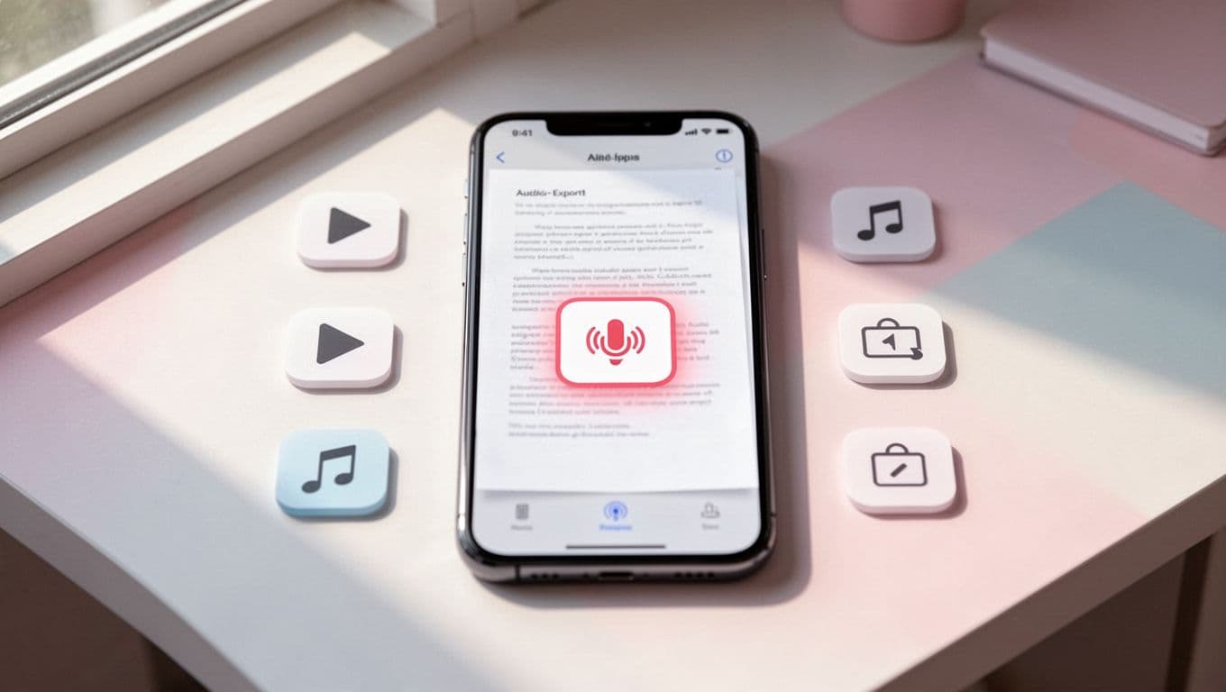 Modern illustration of an iPhone screen showing a PDF reader app with the audio export button highlighted, surrounded by simple workflow icons like play and file save on a desk background, visualizing the PDF to MP3 conversion process.