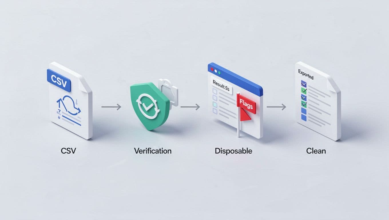 Modern isometric illustration depicting a step-by-step bulk email verification process with icons for CSV upload, running verification, viewing results with disposable flags, and exporting a clean list, connected by arrows on a light background.