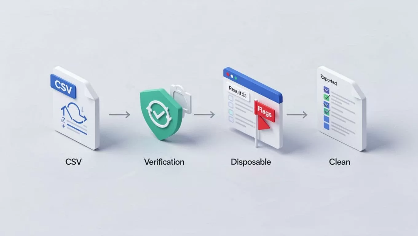 Modern isometric illustration depicting a step-by-step bulk email verification process with icons for CSV upload, running verification, viewing results with disposable flags, and exporting a clean list, connected by arrows on a light background.