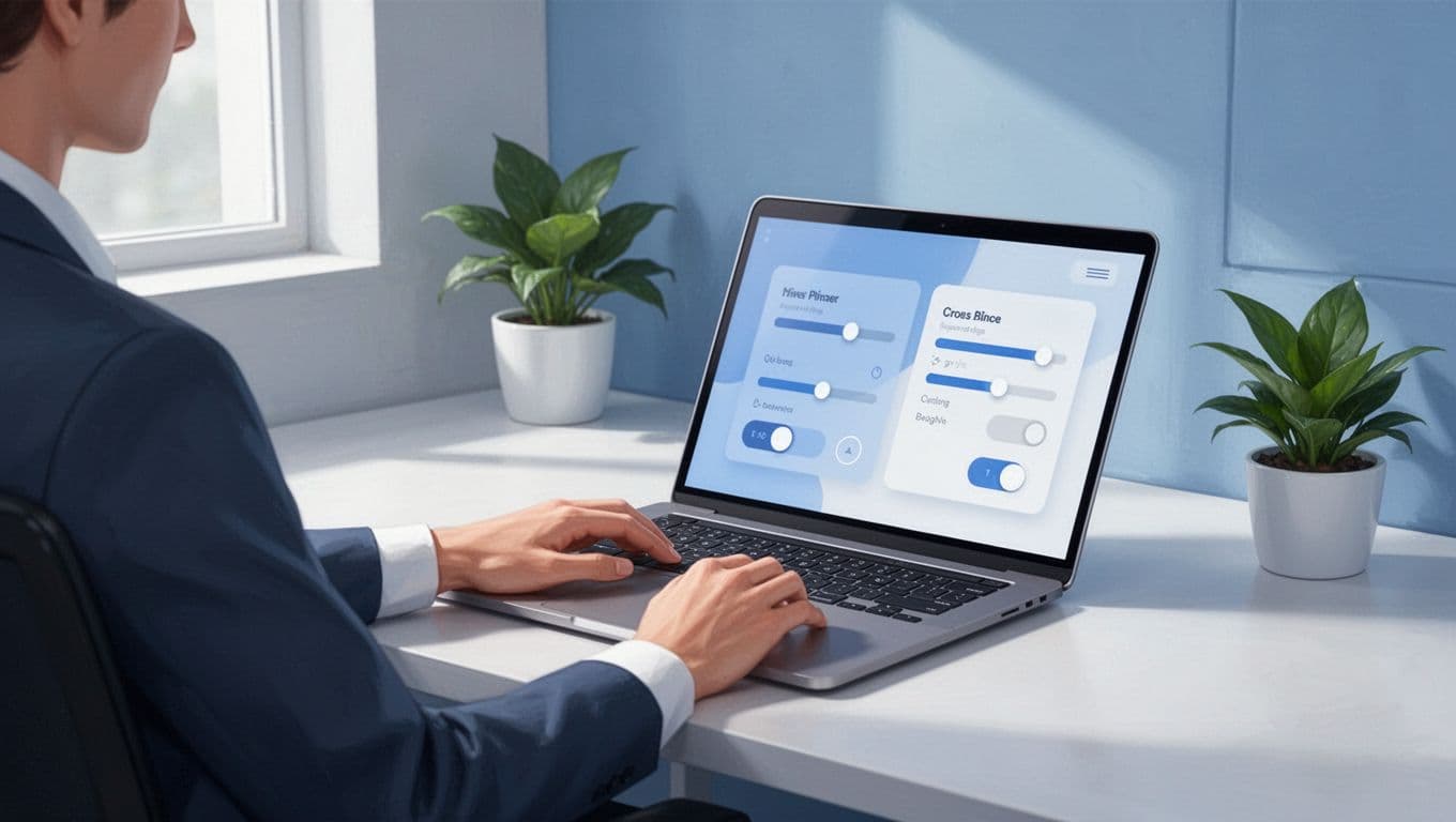Modern illustration in blues and whites showing one IT admin at a desk adjusting sliders or toggles on a laptop screen for Google Workspace group posting permissions and privacy settings. Relaxed hands near trackpad in an office with plants, screen softly blurred.