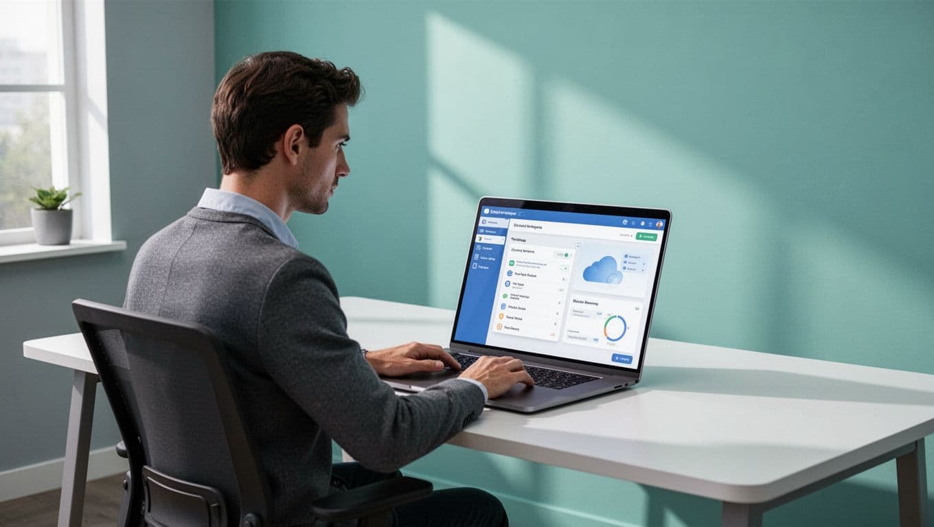 Modern illustration of an IT admin at a desk reviewing Google Workspace backup dashboard on a laptop screen in a clean office setting with soft natural lighting.