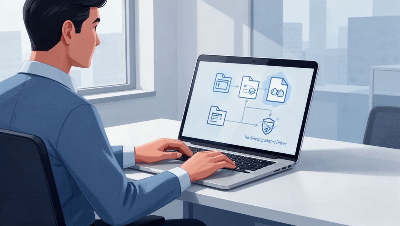 IT administrator sits at desk with laptop showing Google Drive shared drive interface and icons of files remaining secure during offboarding.
