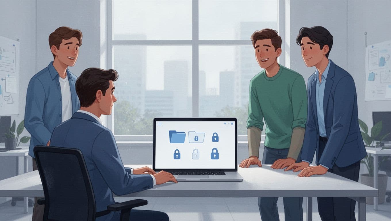Modern illustration of one IT manager seated at a modern desk in a bright office, laptop open to a simplified shared password vault interface with folder icons and locks, two team members standing nearby discussing. Emphasizes secure team password management setup with clean shapes, blues and greens palette, soft natural lighting.