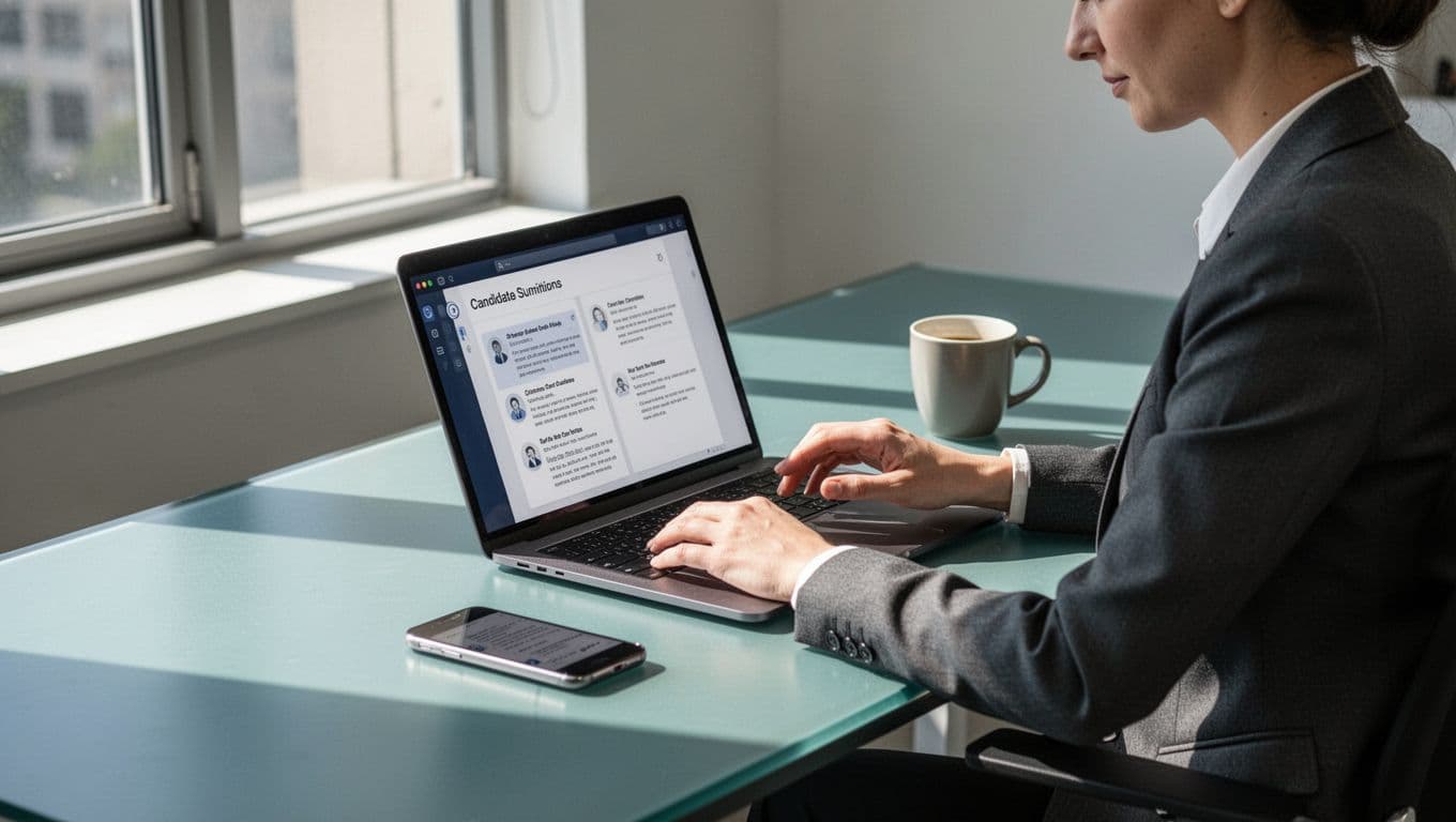 Team member at modern desk views candidate submissions on angled laptop screen and phone.
