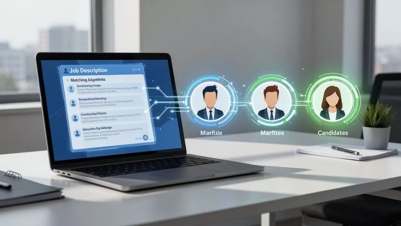 Laptop screen shows job description connecting via glowing lines to three candidate profiles with match scores 92%, 85%, 78%.