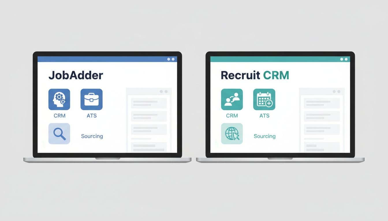 Two laptops side-by-side show recruiting software interfaces with icons for CRM, ATS, and sourcing features.