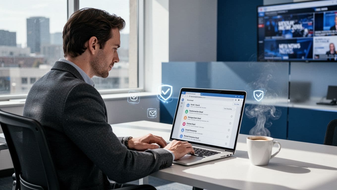 Modern illustration of a single journalist in a newsroom, relaxedly reviewing an email list on a computer screen with subtle Hunter.io verifier icons nearby, one laptop and coffee, blues and whites palette, natural light.