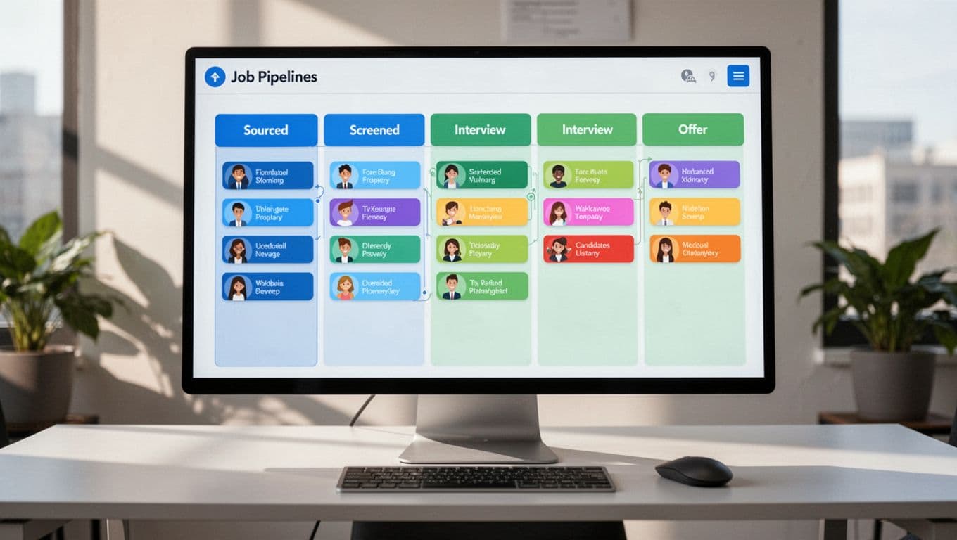 Modern illustration of a computer screen displaying a customizable Kanban board for job pipelines, featuring stages like Sourced, Screened, Interview, and Offer with colorful candidate cards, set on a desk with mouse and natural office lighting.