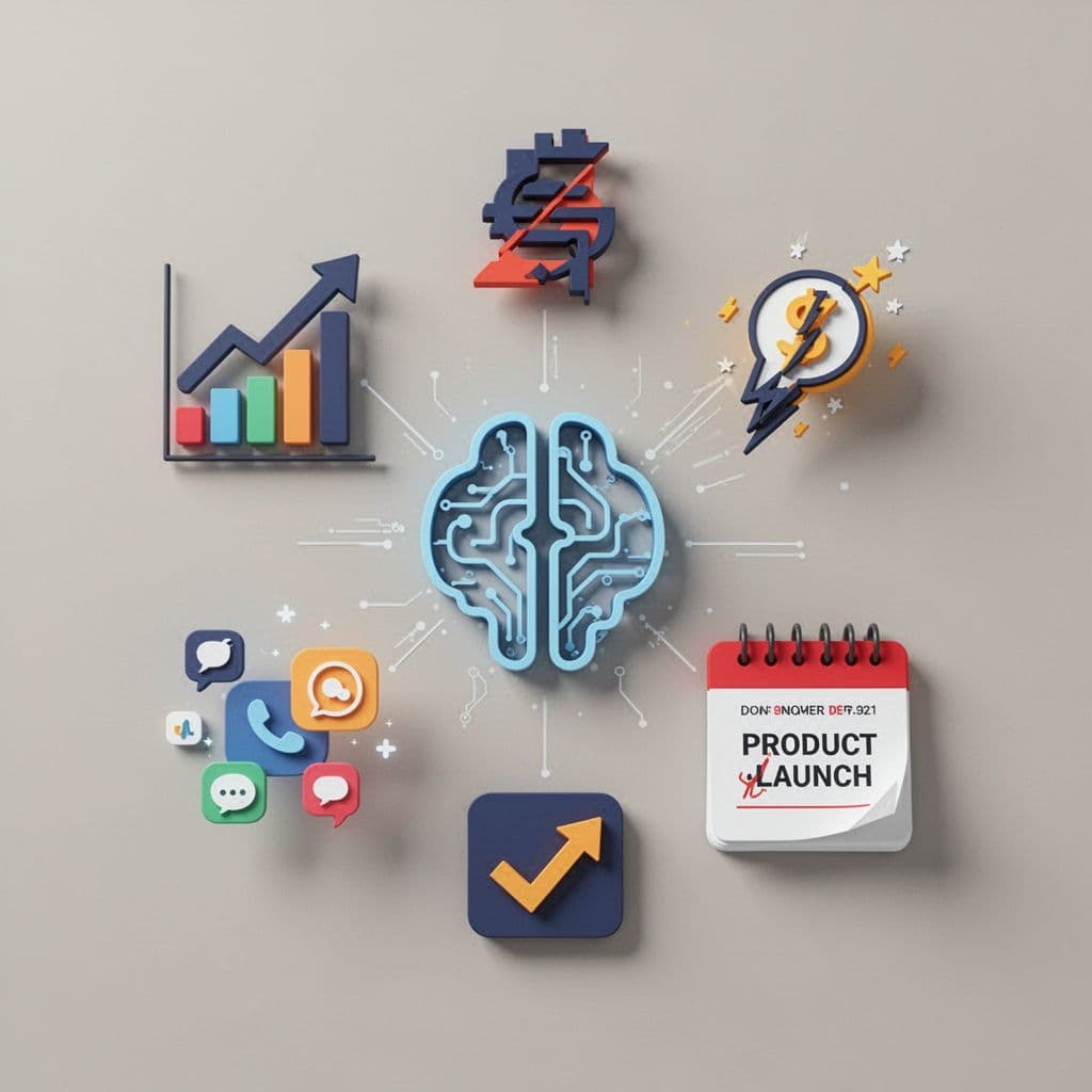Modern illustration featuring evaluation metrics icons such as an upward search volume graph, funding news symbols, social media buzz icons, and product launch calendar, all arranged around a central AI tool icon on a clean background with no people or text.